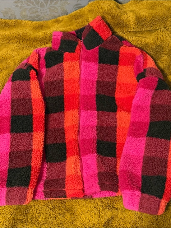 a new day Jackets & Blazers - a new day Pink & Red Plush Checkerboard Zip Jacket